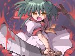  1girl bangs blood bloody_weapon bow brown_eyes green_hair higurashi_no_naku_koro_ni kimiyoshi_natsumi knife kurogarasu looking_at_viewer lowres open_mouth saw school_uniform solo weapon 