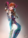  1girl acronym arched_back armor artist_name ass bangs bodysuit bracer breasts brown_eyes brown_hair clothes_writing cowboy_shot d.va_(overwatch) facepaint facial_mark from_side gloves gradient gradient_background gun hand_on_leg hand_up handgun headphones high_collar highres holding holding_gun holding_weapon large_breasts leaning_forward lips long_hair looking_at_viewer looking_back makeup overwatch pauldrons pilot_suit pink_lips ribbed_bodysuit ryuukitsueja shoulder_pads smile solo thigh_strap tongue tongue_out turtleneck weapon whisker_markings white_gloves 