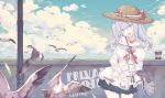  1girl absurdres bag bare_shoulders bird blue_eyes blue_sky blush breasts casual clouds commentary_request day hat highres jewelry kantai_collection kashima_(kantai_collection) large_breasts litsvn long_hair necklace open_mouth outdoors seagull shoulder_bag silver_hair skirt sky smile solo straw_hat tsurime twintails wavy_hair 