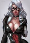  1girl black_cat_(marvel) blue_eyes breasts cleavage dandon_fuga domino_mask fur_trim marvel mask mole mole_under_mouth pov silver_hair solo_focus spider-man spider-man_(series) unzipped unzipping 