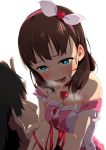  1boy 1girl bare_shoulders blue_eyes blush brown_hair chikku_(k2753) chocolate chocolate_on_face food food_on_face hairband hand_on_another&#039;s_face heart heart-shaped_pupils highres idolmaster idolmaster_cinderella_girls looking_at_another open_mouth producer_(idolmaster_cinderella_girls_anime) ribbon sakuma_mayu saliva saliva_trail short_hair smile symbol-shaped_pupils 