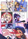  4girls \m/ adapted_costume ana_(overwatch) arm_up armor bangs beret blonde_hair blood blue_eyes blue_gloves blush blush_stickers bodysuit bracer breasts brown_eyes brown_hair center_opening character_name closed_mouth comic commentary crosshair dark_skin drooling embarrassed epic_nosebleed eye_of_horus eyebrows eyebrows_visible_through_hair facial_mark facial_tattoo from_side full_moon gloves gun hair_tubes hat head_mounted_display heart highres holding holding_gun holding_staff holding_weapon incest long_hair looking_at_viewer magical_girl mechanical_wings mercy_(overwatch) midriff missile moon mother_and_daughter multiple_girls navel nose_plug nosebleed nurse_cap open_mouth overwatch pauldrons phandit_thirathon pharah_(overwatch) pinky_out ponytail power_armor power_suit purple_hair purple_skin rifle rocket scope shoulder_pads smile sniper_rifle sparkle spoken_heart staff tattoo upper_body weapon white_gloves widowmaker_(overwatch) wings yellow_eyes younger 