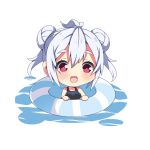  1girl ahoge alternate_hairstyle bare_shoulders breasts chibi large_breasts lifebuoy long_hair looking_at_viewer matoi_(pso2) milkpanda one-piece_swimsuit open_mouth phantasy_star phantasy_star_online_2 red_eyes silver_hair smile solo swimsuit twintails 