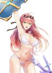  1girl arm_up armpits bikini breasts cleavage dungeon_and_fighter earrings green_eyes holding jewelry knight_(dungeon_and_fighter) limobok long_hair multi-strapped_bikini navel open_mouth pink_hair shield simple_background smile solo sunglasses sunglasses_on_head swimsuit weapon white_background white_bikini 