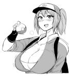  1girl :d backpack bag baseball_cap blush breasts cleavage collarbone fang female_protagonist_(pokemon_go) fukumaaya hat holding holding_poke_ball huge_breasts jacket long_hair long_sleeves monochrome open_clothes open_jacket open_mouth poke_ball pokemon pokemon_go ponytail simple_background smile solo track_jacket upper_body white_background 