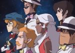  2girls 4boys ahoge bow bowtie brown_hair circlet commentary coran_(voltron) cosplay dark_skin dark_skinned_male facial_hair fushigi_no_umi_no_nadia glasses hat hunk_(voltron) hyakujuu-ou_golion keith_(voltron) lance_(voltron) multiple_boys multiple_girls mustache orange_hair parody pidge_gundarsson pointy_ears princess_allura reverse_trap scarf sideburns silver_hair steve_ahn sunglasses voltron:_legendary_defender 