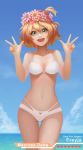  1girl :d bikini blonde_hair blue_sky breasts character_name cleavage clouds copyright_name double_v flower freyja_wion green_eyes hair_flower hair_ornament head_wreath heart_hair_ornament looking_at_viewer macross macross_delta nail_polish navel ocean open_mouth ousang red_nails short_hair sky smile solo swimsuit v white_bikini 
