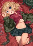  1girl barefoot blonde_hair blue_eyes blush cuffs girls_und_panzer groin handcuffs highres kabotya_to_rantan katyusha looking_at_viewer lying midriff miniskirt navel on_back partially_undressed skirt smile socks_removed solo unbuttoned 