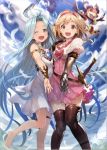  2girls :d ;d ahoge bare_shoulders barefoot blonde_hair blue_eyes blue_hair blue_sky boots breasts brown_eyes choker clouds cloudy_sky commentary_request djeeta_(granblue_fantasy) dragon dress fighter_(granblue_fantasy) gauntlets granblue_fantasy hairband long_hair looking_at_viewer lyria_(granblue_fantasy) multiple_girls one_eye_closed open_mouth pink_dress puffy_short_sleeves puffy_sleeves sheath sheathed shirabi_(life-is-free) short_hair short_sleeves sky sleeveless sleeveless_dress smile sword thigh-highs thigh_boots vee_(granblue_fantasy) very_long_hair weapon zettai_ryouiki 
