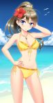  1girl 36_(0001296) beach bikini blue_eyes brown_hair character_request hand_on_hip high_ponytail highres long_hair ponytail shiritsu_grimoire_mahou_gakuen solo standing swimsuit 