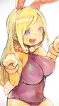 1girl :d animal_ears blonde_hair breasts bunny_paws bunny_tail character_request copyright_request covered_nipples gloves gorirago halterneck large_breasts leotard long_hair open_mouth paw_gloves pointy_ears rabbit_ears simple_background smile solo tail violet_eyes white_background 