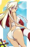  1girl artist_name ass bare_shoulders blonde_hair blush breasts bright_pupils butt_crack candy guilty_gear guilty_gear_xrd halo highres innertube jack-o_(guilty_gear) lollipop long_hair looking_at_viewer looking_back lyn_(shunao) multicolored_hair one-piece_swimsuit red_eyes redhead solo swimsuit thighs white_swimsuit 