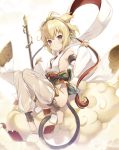  1girl 6u_(eternal_land) :o anchira_(granblue_fantasy) bare_shoulders barefoot bent_knees blonde_hair blush breasts brown_eyes clenched_hands clouds commentary_request detached_sleeves erun_(granblue_fantasy) flying_nimbus full_body granblue_fantasy hair_ornament hairband knees_together_feet_apart looking_at_viewer monkey_tail red_eyes revealing_clothes see-through short_hair sideboob small_breasts solo staff wide_sleeves 