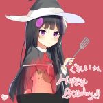  &gt;:) 1girl absurdres artist_name bangs black_hair black_shirt blunt_bangs blush borrowed_character fire hair_ornament hat highres holding long_hair long_sleeves looking_at_viewer multicolored_hair original red_background ryu_narb shirt signature simple_background solo spatula streaked_hair upper_body violet_eyes witch_hat 