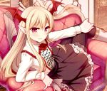  1girl arm_support bat_wings black_skirt blonde_hair blush collared_shirt couch fang flower frilled_skirt frills granblue_fantasy gunp hand_on_own_knee head_wings long_hair long_sleeves looking_at_viewer open_mouth pointy_ears reclining red_eyes red_rose rose shingeki_no_bahamut shirt skirt smile solo vampire vampy white_shirt wings 