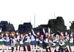  6+girls akiyama_yukari bag bandana black_hair black_legwear black_ribbon blonde_hair blue_eyes bow_(weapon) brown_eyes brown_hair caesar_(girls_und_panzer) collarbone erwin_(girls_und_panzer) girls_und_panzer glasses green_skirt ground_vehicle hair_ribbon hairband hand_in_hair high_ponytail holding holding_weapon imageboard_sample isuzu_hana kadotani_anzu kawashima_momo kneehighs koyama_yuzu long_hair looking_at_viewer m3_lee maruyama_saki military military_vehicle motor_vehicle multiple_girls nishizumi_miho official_art one_eye_closed oono_aya open_mouth oryou_(girls_und_panzer) panzerkampfwagen_38(t) panzerkampfwagen_iv pleated_skirt red_scarf reizei_mako ribbon saemonza sakaguchi_karina sawa_azusa scarf school_bag school_uniform shirt short_hair simple_background skirt smile sturmgeschutz_iii takebe_saori tank thigh-highs twintails type_89_i-gou utsugi_yuuki v waving weapon white_background white_hairband white_shirt yamagou_ayumi 