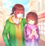  1boy 1girl brown_hair chara_(undertale) closed_eyes collarbone dayuh drinking_straw frisk_(undertale) holding hood hoodie jacket older open_mouth paper_cup petting red_eyes scarf shirt short_ponytail smile spoilers undertale upper_body watermark web_address what_if winter_clothes 