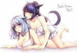  2girls animal_ears aqua_eyes aruma_jiki barefoot biting blue_eyes blush breasts cat_ears cat_tail chestnut_mouth cleavage collarbone ear_biting facial_mark final_fantasy final_fantasy_xiv followers halterneck heterochromia large_breasts long_hair lying miqo&#039;te multiple_girls on_stomach one-piece_swimsuit ponytail purple_hair silver_hair swimsuit tail white_swimsuit yellow_eyes yuri 