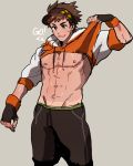  abs adonis_belt blush brown_hair fingerless_gloves glasses_enthusiast gloves green_eyes grey_background highres hood hoodie looking_down male_focus male_protagonist_(pokemon_go) muscle navel nipples pectorals pokemon pokemon_go shirt_lift simple_background smile solo tan tanline visor_cap 