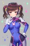  1girl alternate_hairstyle antenna_hair artist_name blush bodysuit breasts brown_eyes brown_hair closed_mouth contrapposto cowboy_shot d.va_(overwatch) facepaint finger_to_mouth gloves grey_background hanato_(seonoaiko) hand_on_hip headgear legs_apart looking_at_viewer medium_breasts overwatch short_hair short_sleeves simple_background skin_tight smile solo sparkle turtleneck wavy_mouth white_gloves 