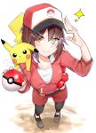  1girl arm_up baseball_cap belt belt_pouch black_eyes black_shoes blush breasts brown_eyes brown_hair closed_mouth collarbone cosplay covered_navel creature_on_shoulder electricity eyebrows eyebrows_visible_through_hair female_protagonist_(pokemon_go) female_protagonist_(pokemon_go)_(cosplay) furutaka_(kantai_collection) hair_ornament hairclip hat holding holding_poke_ball jacket kantai_collection large_breasts leggings long_sleeves pikachu poke_ball pokemon pokemon_(creature) pokemon_go red_hat red_jacket red_shorts shoes short_hair shorts simple_background sparkle suzuharu_(suzuharu0612) track_jacket white_background 