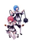  &gt;:( 2girls apron arm_garter ball_and_chain bangs black_bow black_ribbon black_shoes blue_eyes blue_hair blue_ribbon bow breasts cleavage closed_mouth detached_sleeves dress dual_wielding eyes_visible_through_hair fkey food frills frown full_body garters hair_ornament hair_over_one_eye hair_ribbon hairband highres holding holding_food holding_weapon legs_apart looking_at_viewer maid mary_janes medium_breasts multiple_girls neck_ribbon one_knee outstretched_arms pink_hair purple_ribbon ram_(re:zero) re:zero_kara_hajimeru_isekai_seikatsu red_eyes rem_(re:zero) ribbon ribbon-trimmed_clothes ribbon-trimmed_sleeves ribbon_trim shoes short_hair siblings simple_background sisters small_breasts spikes standing sweet_potato swept_bangs thigh-highs twins underbust waist_apron weapon white_apron white_background white_bow white_legwear wide_sleeves x_hair_ornament 