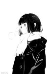  1girl bangs blunt_bangs blush breath buttons coat dated expressionless greyscale jacket monochrome morikura_en scarf short_hair signature simple_background solo steam upper_body white_background winter_clothes winter_coat 