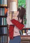  1girl black_hair blue_eyes book bookshelf cup finger_to_mouth hairband idolmaster idolmaster_cinderella_girls lamp long_hair long_sleeves looking_at_viewer nesume sagisawa_fumika shawl smile solo stool sweater tree window 