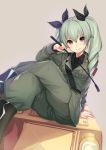  1girl anchovy aqua_hair arm_at_side arm_support armband beige_background black_necktie black_ribbon black_shirt boots breasts brown_boots collared_shirt crossed_legs drill_hair girls_und_panzer green_jacket green_pants ground_vehicle hair_ribbon highres jacket kagematsuri knee_boots long_hair long_sleeves looking_at_viewer military military_uniform military_vehicle motor_vehicle necktie pants parted_lips red_eyes ribbon riding_crop shirt shoulder_belt simple_background smile solo tank teeth twin_drills twintails uniform wing_collar 