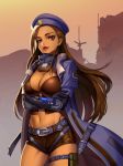 1girl ana_(overwatch) backlighting belt belt_buckle beret black_corset breast_hold breasts brown_eyes brown_hair buckle building cleavage coat corset cowboy_shot crossed_arms dark_skin desert earrings eyeliner eyepatch facial_mark facial_tattoo hat jewelry large_breasts lipstick long_hair looking_at_another makeup midriff navel open_clothes open_coat orange_sky outdoors overwatch parted_lips qi_kou red_lipstick short_shorts shorts sky solo statue stud_earrings tattoo very_long_hair younger 