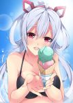  1girl :d ahoge bare_shoulders black_bikini_top blush breasts cleavage collarbone eyebrows eyebrows_visible_through_hair food hair_between_eyes head_tilt holding holding_food ice_cream_cone long_hair looking_at_viewer matoi_(pso2) milkpanda open_mouth phantasy_star phantasy_star_online_2 red_eyes silver_hair smile solo twintails upper_body 