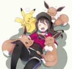  &gt;_&lt; 1girl :d ^_^ ^o^ artist_name baseball_cap belt black_hair black_hat black_legwear black_shorts blush breasts brown_eyes choker closed_eyes collarbone covered_navel eevee female_protagonist_(pokemon_go) hat heart jealous kanro_ame_(ameko) leggings long_hair long_sleeves lying medium_breasts motion_blur on_back open_mouth petting pikachu pokemon pokemon_(creature) pokemon_go ponytail pout red_shirt shirt shorts smile 