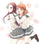  2girls :d :o ahoge black_legwear blush bow cowboy_shot double-breasted hair_ornament hairclip horizontal_stripes leaning_on_person loafers long_hair long_sleeves looking_back love_live! love_live!_sunshine!! mochi_sakura multiple_girls one_leg_raised open_mouth orange_eyes orange_hair pleated_skirt redhead sakurauchi_riko school_uniform serafuku shoes short_hair skirt smile socks striped takami_chika yellow_eyes 