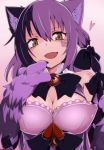  1girl animal_ears bare_shoulders bell black_hair blush bow breasts brown_eyes cat_ears cat_paws cheshire_cat_(monster_girl_encyclopedia) fur hair_bow long_hair looking_at_viewer mantarou_(shiawase_no_aoi_tori) monster_girl monster_girl_encyclopedia multicolored_hair open_mouth paws purple_hair smile solo two-tone_hair 
