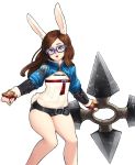  +_+ 1girl animal_ears barbariank bare_legs bell blue-framed_eyewear brown_hair buck_teeth bunny_tail elin_(tera) fingerless_gloves flat_chest fuuma_shuriken glasses gloves groin highres long_hair looking_at_viewer midriff open_mouth rabbit_ears short_shorts shorts solo strapless tail tera_online transparent_background tubetop vambraces weapon 