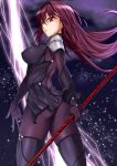  1girl ass black_gloves fate/grand_order fate_(series) gloves highres holding holding_weapon kuramotokeizou long_hair looking_at_viewer purple_hair red_eyes scathach_(fate/grand_order) solo spaulders weapon 