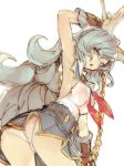  1girl :o animal_ears arm_up armpits ass black_skirt blue_hair braid brown_eyes brown_gloves earrings erun_(granblue_fantasy) ferry_(granblue_fantasy) fox_ears from_behind from_below gloves gorirago granblue_fantasy jewelry long_hair looking_at_viewer looking_back looking_down open_mouth panties revision simple_background single_braid skirt solo underwear upskirt very_long_hair white_background white_panties yellow_eyes 