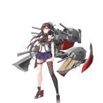  1girl anchor arm_belt asymmetrical_clothes asymmetrical_legwear bangs bare_shoulders blue_skirt blunt_bangs breasts brown_hair buttons cannon chain chest_belt collarbone framed_breasts full_body halterneck hand_on_hip handwraps headgear leg_belt legs_apart long_hair looking_at_viewer machinery nagato_(zhan_jian_shao_nyu) off_shoulder official_art open_clothes open_shirt parted_lips pleated_skirt ponytail propeller rudder_shoes shirt short_sleeves single_glove single_thighhigh skirt solo standing thigh-highs transparent_background turret violet_eyes white_shirt zhan_jian_shao_nyu zi_se 