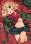  1girl barefoot blonde_hair blue_eyes blush commentary_request cuffs girls_und_panzer groin handcuffs highres kabotya_to_rantan katyusha looking_at_viewer lying midriff miniskirt navel on_back partially_undressed skirt smile socks_removed solo unbuttoned 