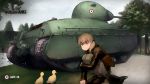  1girl amx-40 bird blonde_hair duck ground_vehicle highres military military_vehicle motor_vehicle shibafu_(glock23) tank tied_hair wargaming_japan world_of_tanks 
