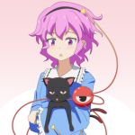  1girl :o animal animal_hug annoyed cat cato_(monocatienus) chestnut_mouth frills hairband kaenbyou_rin kaenbyou_rin_(cat) komeiji_satori messy_hair open_mouth pink_eyes pink_hair short_hair third_eye touhou wide_sleeves 