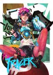  1girl absurdres alternate_costume alternate_hair_color choker highres looking_at_viewer monori_rogue overwatch pink_hair punk punk_tracer smile solo spiky_hair sunglasses sunglasses_on_head tracer_(overwatch) union_jack 