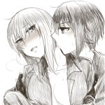  2girls absurdres bangs blush breasts captainkuma dress_shirt girls_und_panzer graphite_(medium) highres hug hug_from_behind itsumi_erika long_hair looking_at_another medium_breasts monochrome multiple_girls nishizumi_maho open_clothes open_shirt parted_lips shirt short_hair sketch traditional_media yuri 