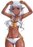  1girl armpits arms_up bare_arms bare_shoulders bikini blue_eyes bow breasts chiro cleavage closed_mouth collarbone dark_elf dark_skin elf eyebrows eyebrows_visible_through_hair front-tie_bikini front-tie_top hair_over_shoulder hair_tie low_twintails medium_breasts navel original pointy_ears shiny shiny_skin side-tie_bikini simple_background solo stomach swimsuit twintails white_background white_bikini yellow_bow 