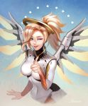  1girl artist_name bangs blonde_hair blue_eyes bodysuit breasts eyebrows eyebrows_visible_through_hair hair_ornament hair_tie hand_up headwear high_collar highres large_breasts lips lipstick looking_at_viewer makeup mascara mechanical_halo mechanical_wings mercy_(overwatch) momori one_eye_closed overwatch pink_lips pointing ponytail smile solo spread_wings star turtleneck upper_body wings 