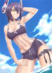  1girl adapted_costume alternate_color bikini bikini_shorts black_bikini black_hair checkered checkered_necktie ebr-kii eyepatch grin headgear kantai_collection necktie short_hair shorts smile solo swimsuit tenryuu_(kantai_collection) yellow_eyes 