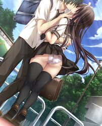  1boy 1girl amatsutsumi bag black_legwear blush brown_hair closed_eyes hair_ribbon heart_print highres kiss koku long_hair oribe_kokoro oribe_makoto_(amatsutsumi) panties ribbon school_bag school_uniform shiny shiny_skin short_hair thigh-highs underwear 