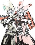 blue_eyes breasts cleavage clover dress dual_persona elphelt_valentine four-leaf_clover guilty_gear guilty_gear_xrd gun large_breasts nayutarou_(nyt_kag) short_hair spikes weapon 
