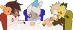  1boy 1girl androgynous blanche_(pokemon) blonde_hair blue_eyes blush_stickers brown_hair candela_(pokemon) chibi chishio dark_skin drinking eating food french_fries gloves hamburger hood hoodie juice_box looking_down mudkip orange_gloves pencil pichu pokemon pokemon_(creature) pokemon_go reading simple_background sleeping smile spark_(pokemon) spiky_hair table torchic white_background white_hair yellow_eyes 