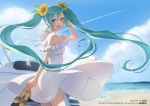 1girl :d aqua_eyes aqua_hair artist_name bare_shoulders beach choker company_name dress eyebrows eyebrows_visible_through_hair flower hair_flower hair_ornament hatsune_miku highres holding holding_shoes long_hair looking_at_viewer morikura_en ocean open_mouth piapro ribbon sandals sandals_removed shoes smile solo sunflower sunflower_hair_ornament twintails very_long_hair vocaloid white_dress white_ribbon 